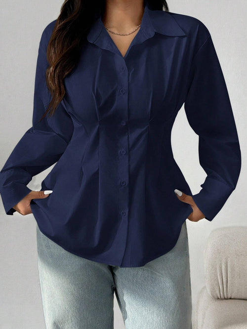EZwear Plus Size Solid Color Pleated Waist Casual Shirt, Autumn Fall