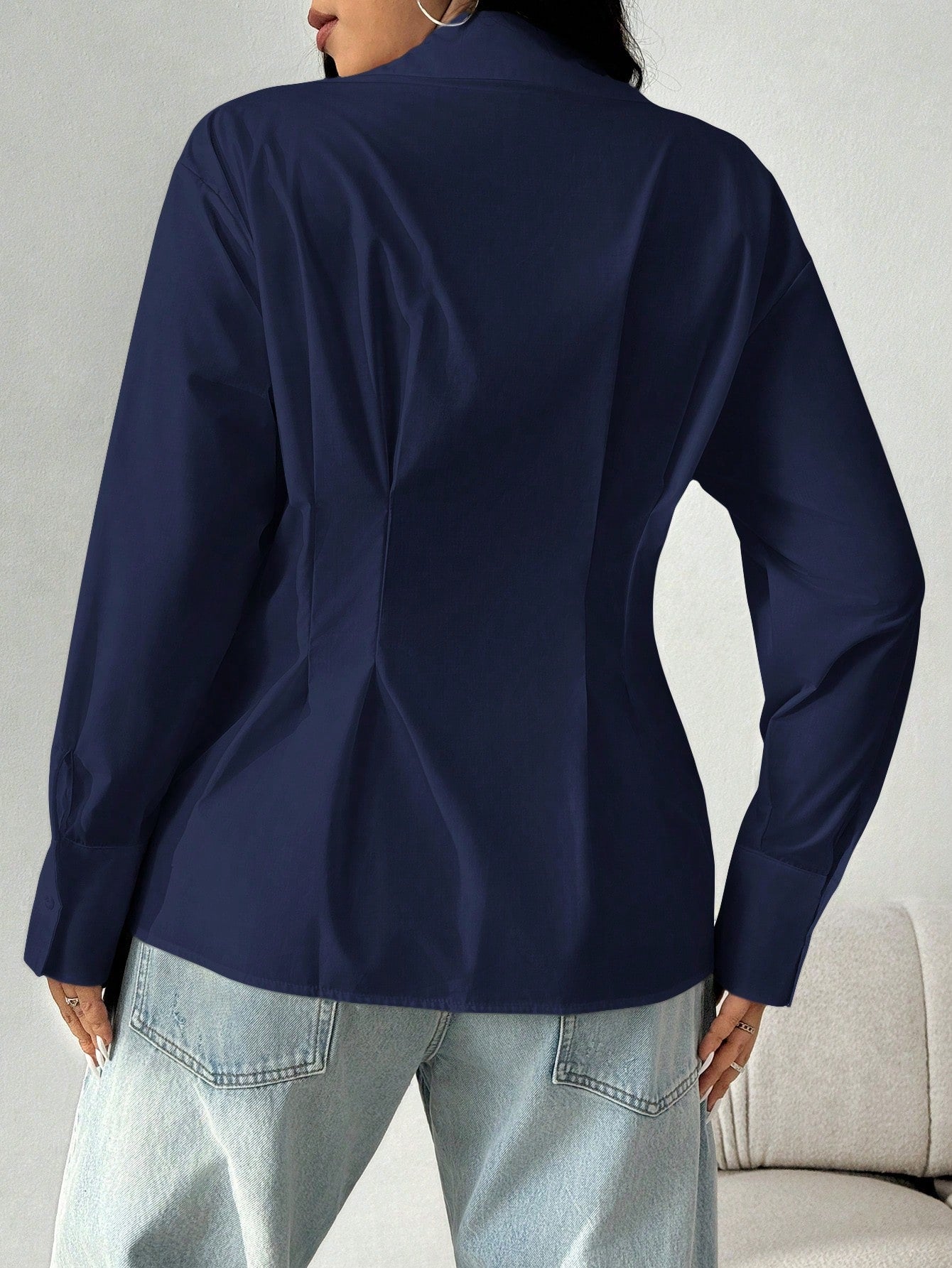 EZwear Plus Size Solid Color Pleated Waist Casual Shirt, Autumn Fall