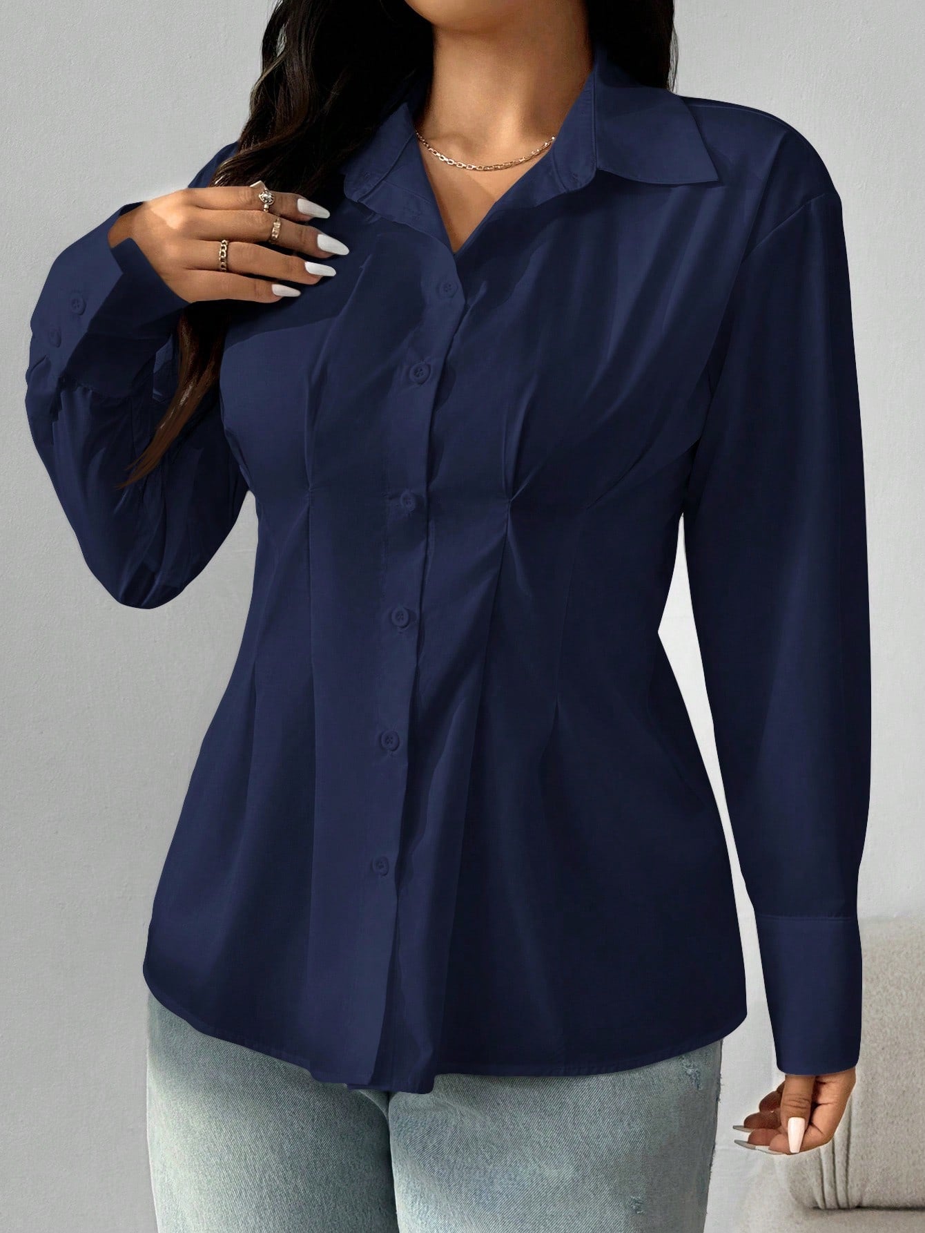 EZwear Plus Size Solid Color Pleated Waist Casual Shirt, Autumn Fall