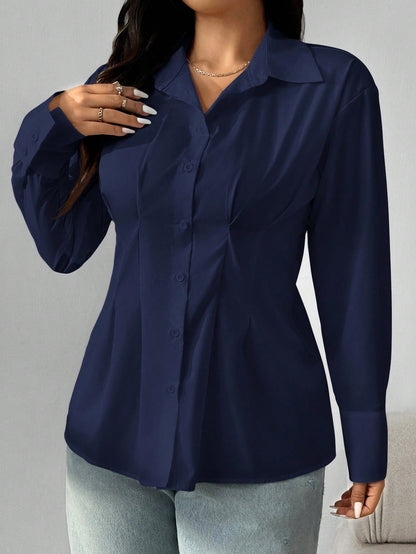 EZwear Plus Size Solid Color Pleated Waist Casual Shirt, Autumn Fall