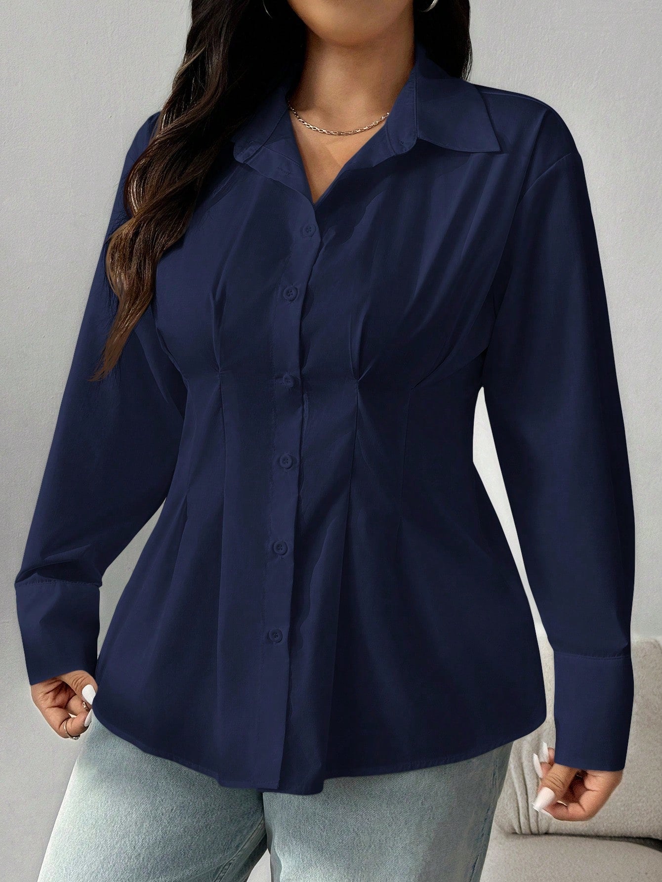 EZwear Plus Size Solid Color Pleated Waist Casual Shirt, Autumn Fall