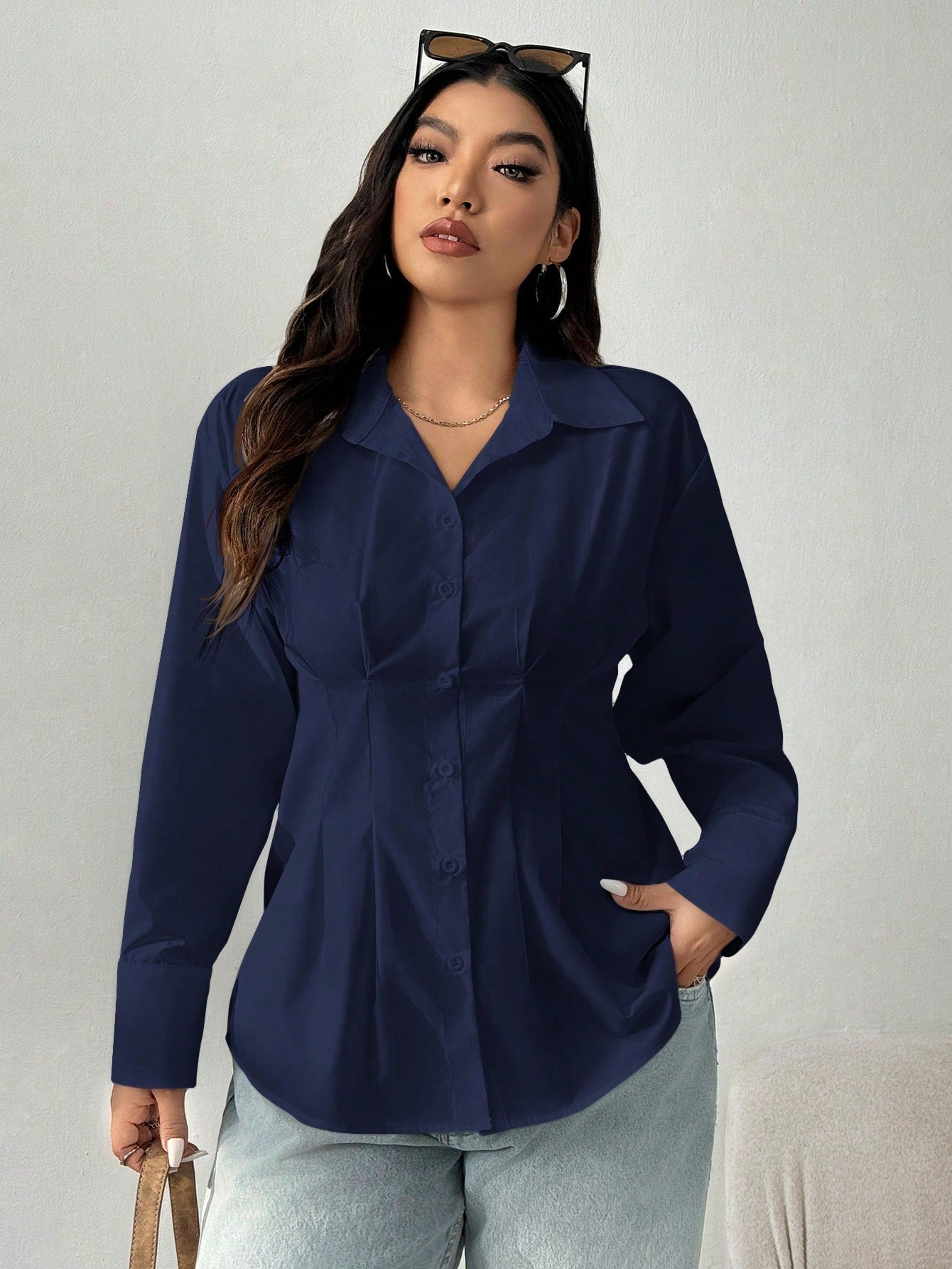 EZwear Plus Size Solid Color Pleated Waist Casual Shirt, Autumn Fall