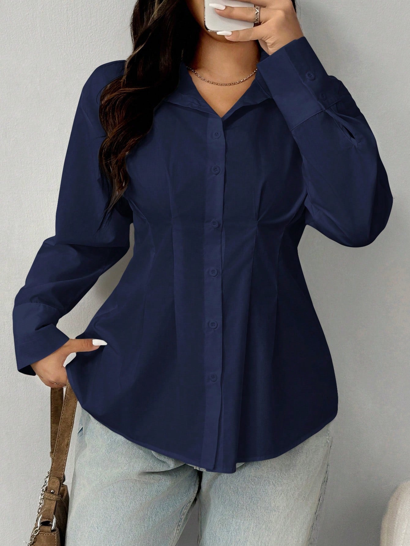 EZwear Plus Size Solid Color Pleated Waist Casual Shirt, Autumn Fall