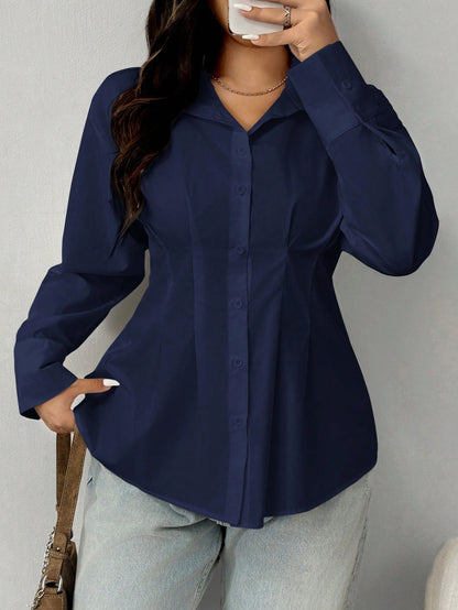 EZwear Plus Size Solid Color Pleated Waist Casual Shirt, Autumn Fall