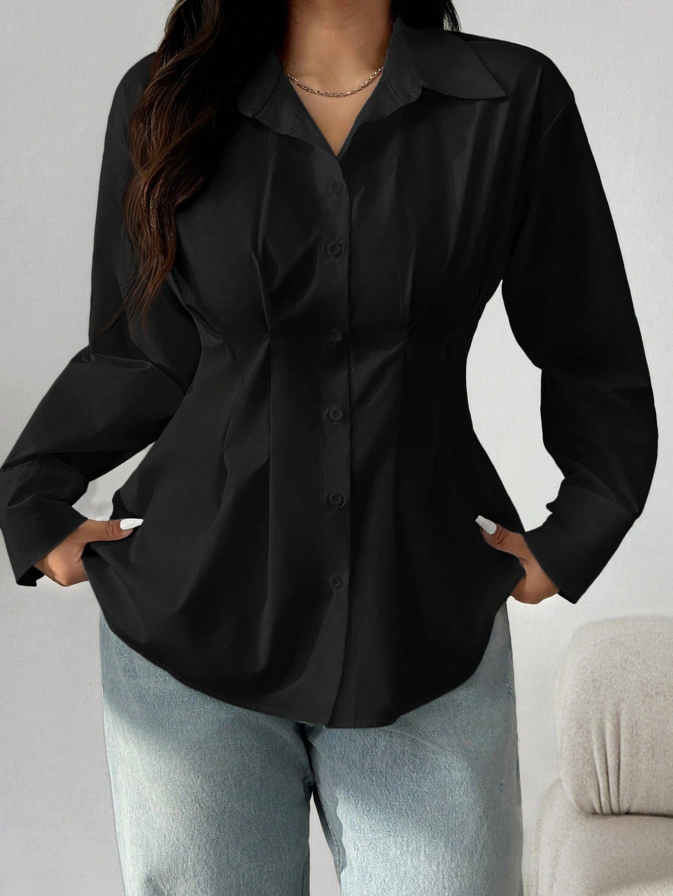 EZwear Plus Size Solid Color Pleated Waist Casual Shirt, Autumn Fall