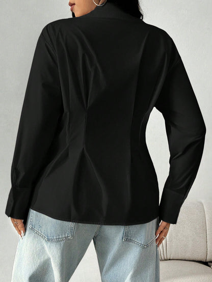 EZwear Plus Size Solid Color Pleated Waist Casual Shirt, Autumn Fall