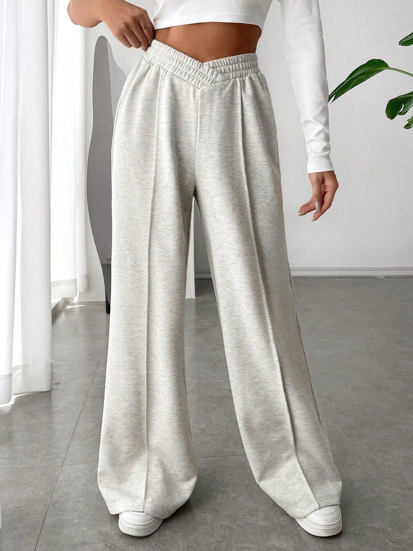 EZwear Spring White Solid Asymmetrical Wide Leg Sweatpants Dress Pants Graduation,Back To School Outfits,Graduation,Teacher Outfits For Women,Back To School
