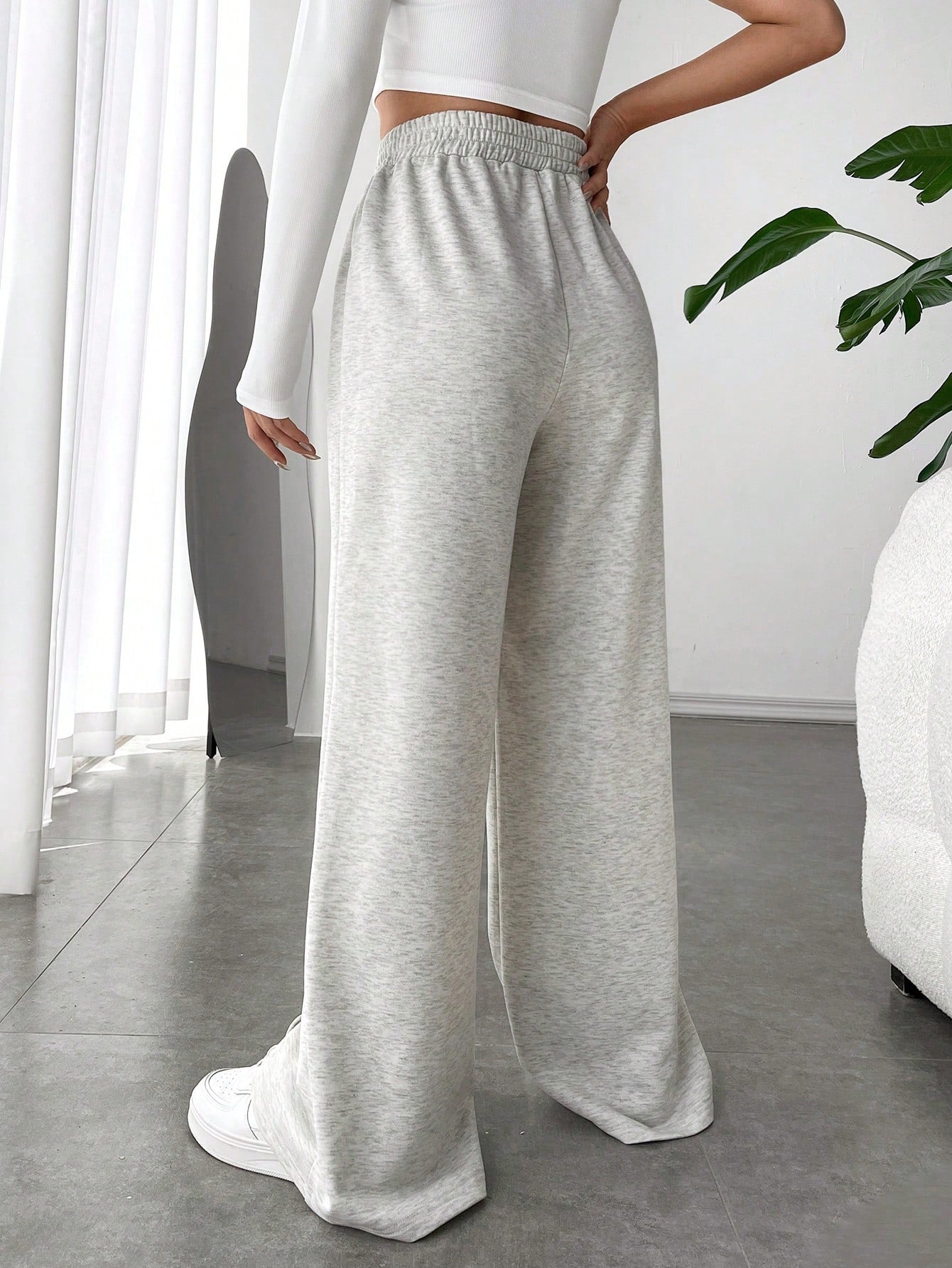 EZwear Spring White Solid Asymmetrical Wide Leg Sweatpants Dress Pants Graduation,Back To School Outfits,Graduation,Teacher Outfits For Women,Back To School