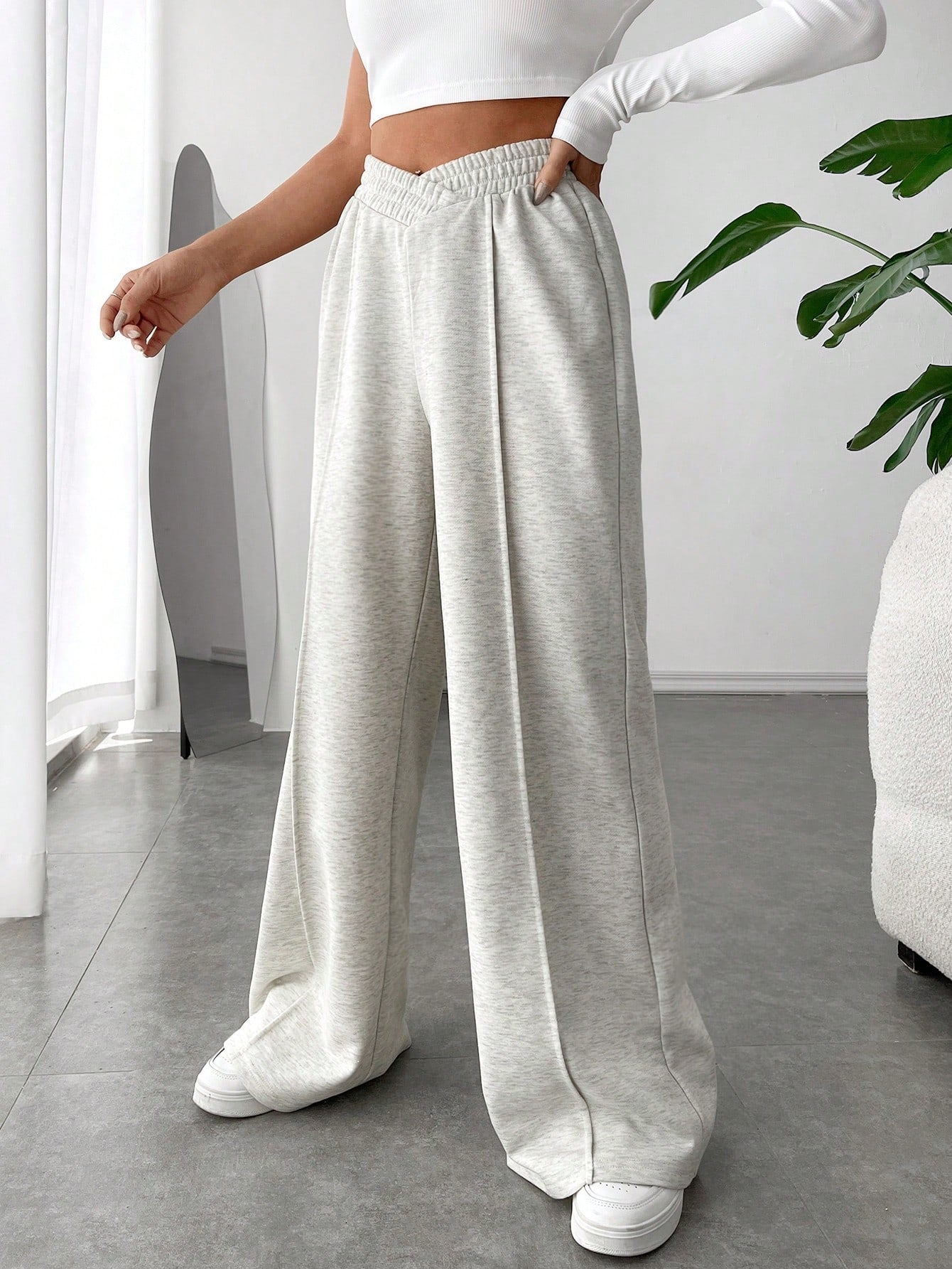 EZwear Spring White Solid Asymmetrical Wide Leg Sweatpants Dress Pants Graduation,Back To School Outfits,Graduation,Teacher Outfits For Women,Back To School