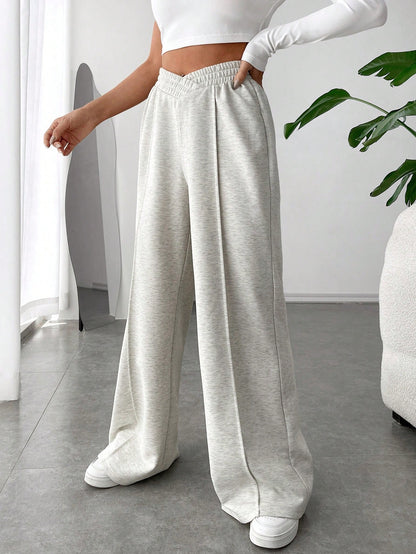EZwear Spring White Solid Asymmetrical Wide Leg Sweatpants Dress Pants Graduation,Back To School Outfits,Graduation,Teacher Outfits For Women,Back To School