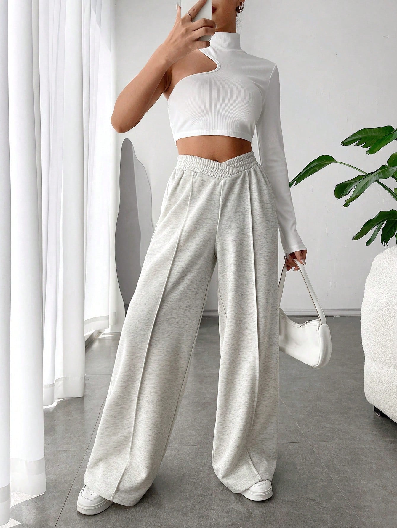 EZwear Spring White Solid Asymmetrical Wide Leg Sweatpants Dress Pants Graduation,Back To School Outfits,Graduation,Teacher Outfits For Women,Back To School