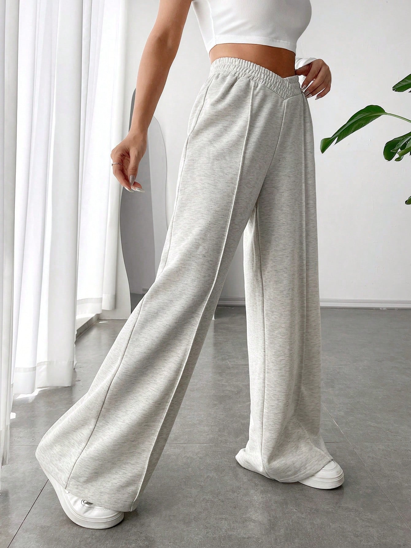 EZwear Spring White Solid Asymmetrical Wide Leg Sweatpants Dress Pants Graduation,Back To School Outfits,Graduation,Teacher Outfits For Women,Back To School