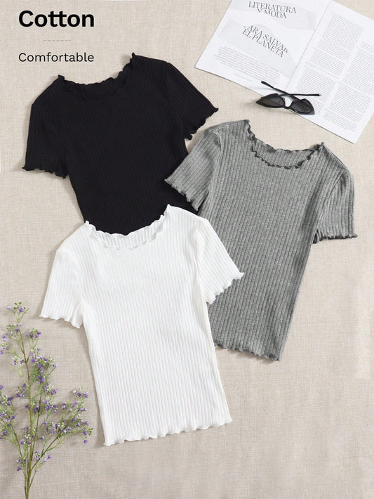 EZwear Summer 3pcs Lettuce Trim Ribbed Knit Slim Fit Base Tee