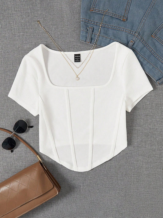 EZwear Summer Square Neck White Seam Front Tee