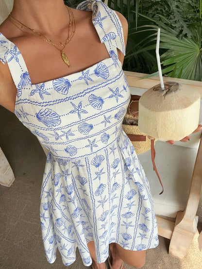 EZwear White And Blue Seashell Starfish Print Dress On Background, Vacation Style,Summer Dresses For Women Beach Vacation Tropical