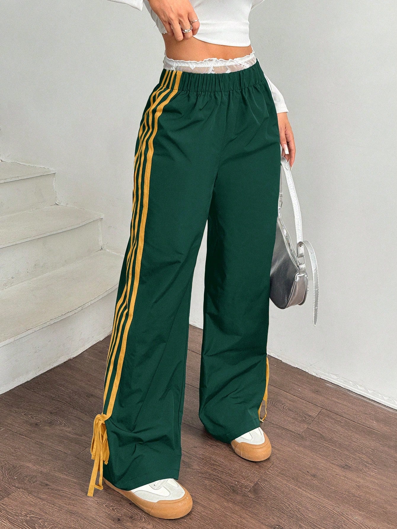 EZwear Women Black Side Contrast White Tape Elastic Waist Pants Wide Leg Sweatpants Green For Track Drawstring Casual Loose
