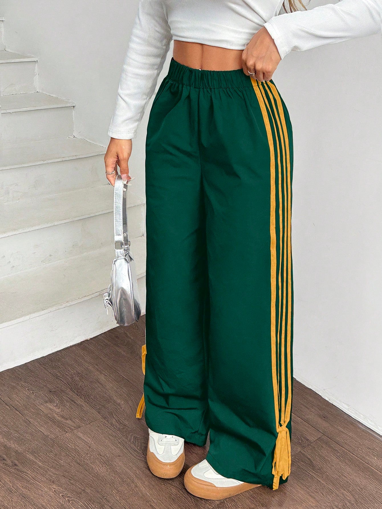 EZwear Women Black Side Contrast White Tape Elastic Waist Pants Wide Leg Sweatpants Green For Track Drawstring Casual Loose