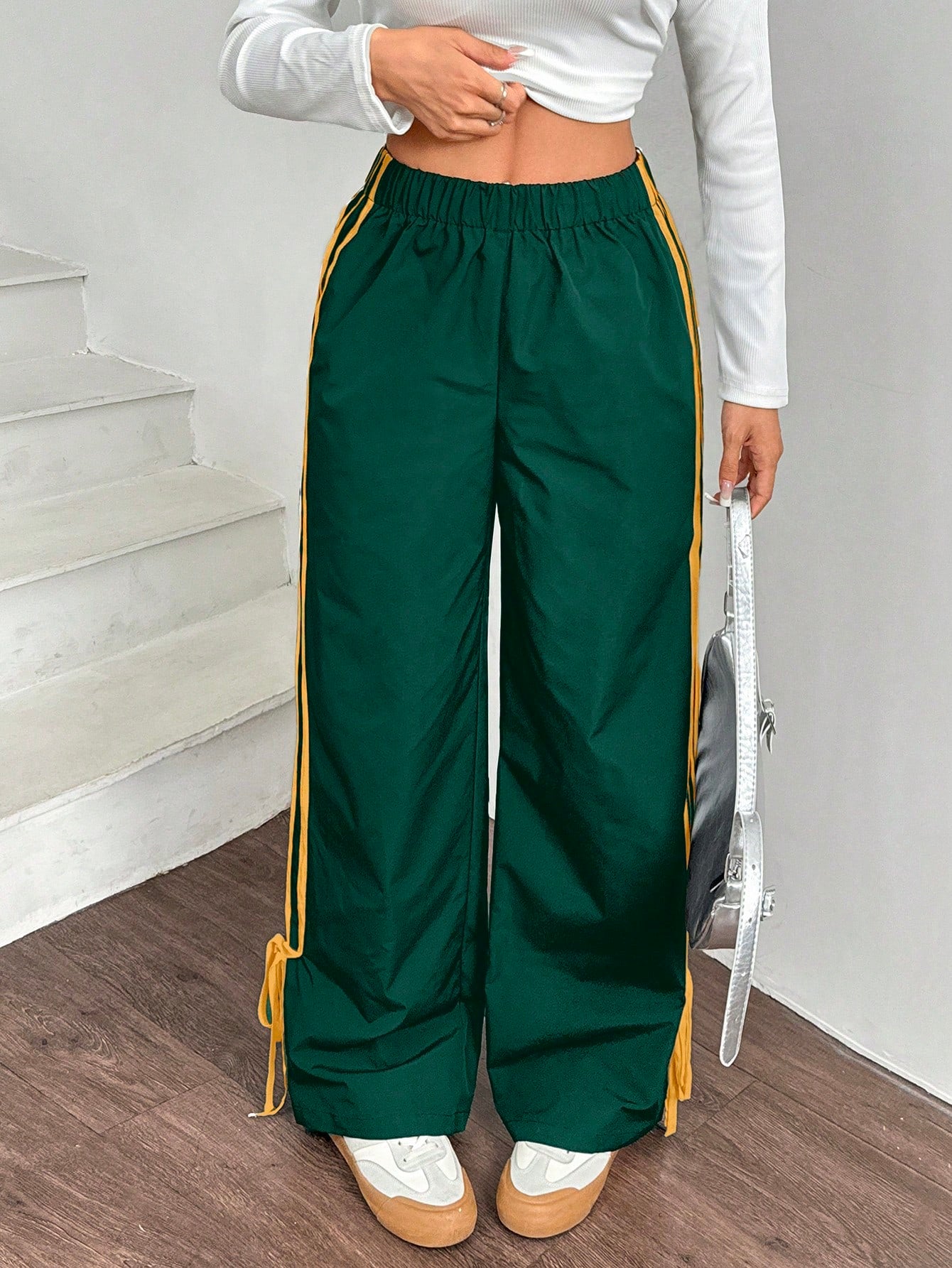 EZwear Women Black Side Contrast White Tape Elastic Waist Pants Wide Leg Sweatpants Green For Track Drawstring Casual Loose