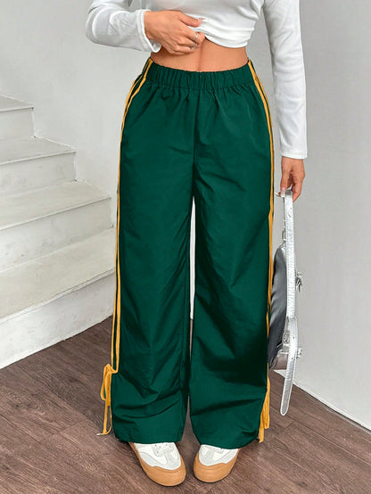 EZwear Women Black Side Contrast White Tape Elastic Waist Pants Wide Leg Sweatpants Green For Track Drawstring Casual Loose