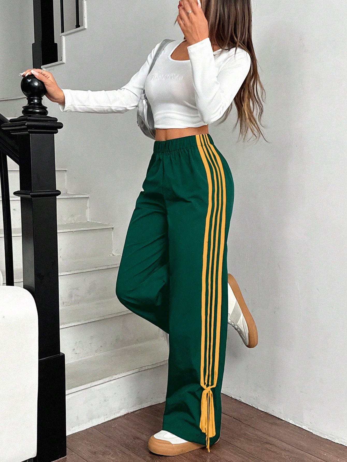 EZwear Women Black Side Contrast White Tape Elastic Waist Pants Wide Leg Sweatpants Green For Track Drawstring Casual Loose