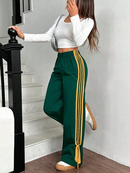 EZwear Women Black Side Contrast White Tape Elastic Waist Pants Wide Leg Sweatpants Green For Track Drawstring Casual Loose