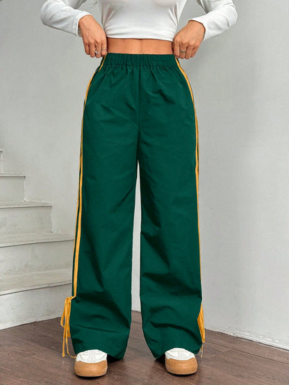 EZwear Women Black Side Contrast White Tape Elastic Waist Pants Wide Leg Sweatpants Green For Track Drawstring Casual Loose