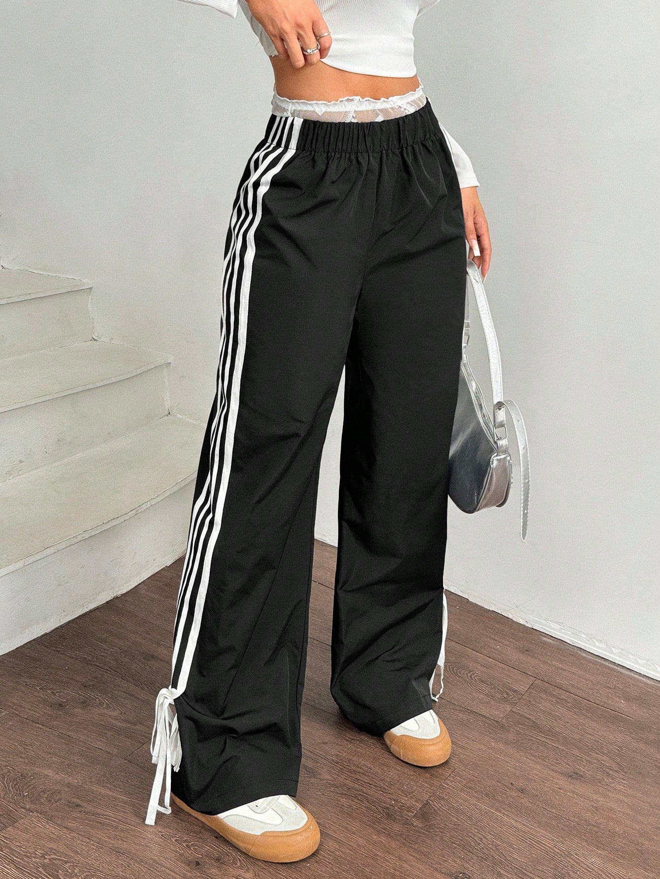 EZwear Women Black Side Contrast White Tape Elastic Waist Pants Wide Leg Sweatpants Green For Track Drawstring Casual Loose