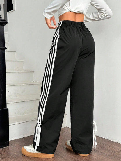 EZwear Women Black Side Contrast White Tape Elastic Waist Pants Wide Leg Sweatpants Green For Track Drawstring Casual Loose