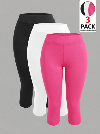 EZwear Women's 3pcs Tight 3/4 Length Pants Set, Black White Rose Red Colorway, Casual Summer Versatile, Suitable For Outings, Autumn Women's Sportswear, Suitable For Daily Commute, Dating, Gathe