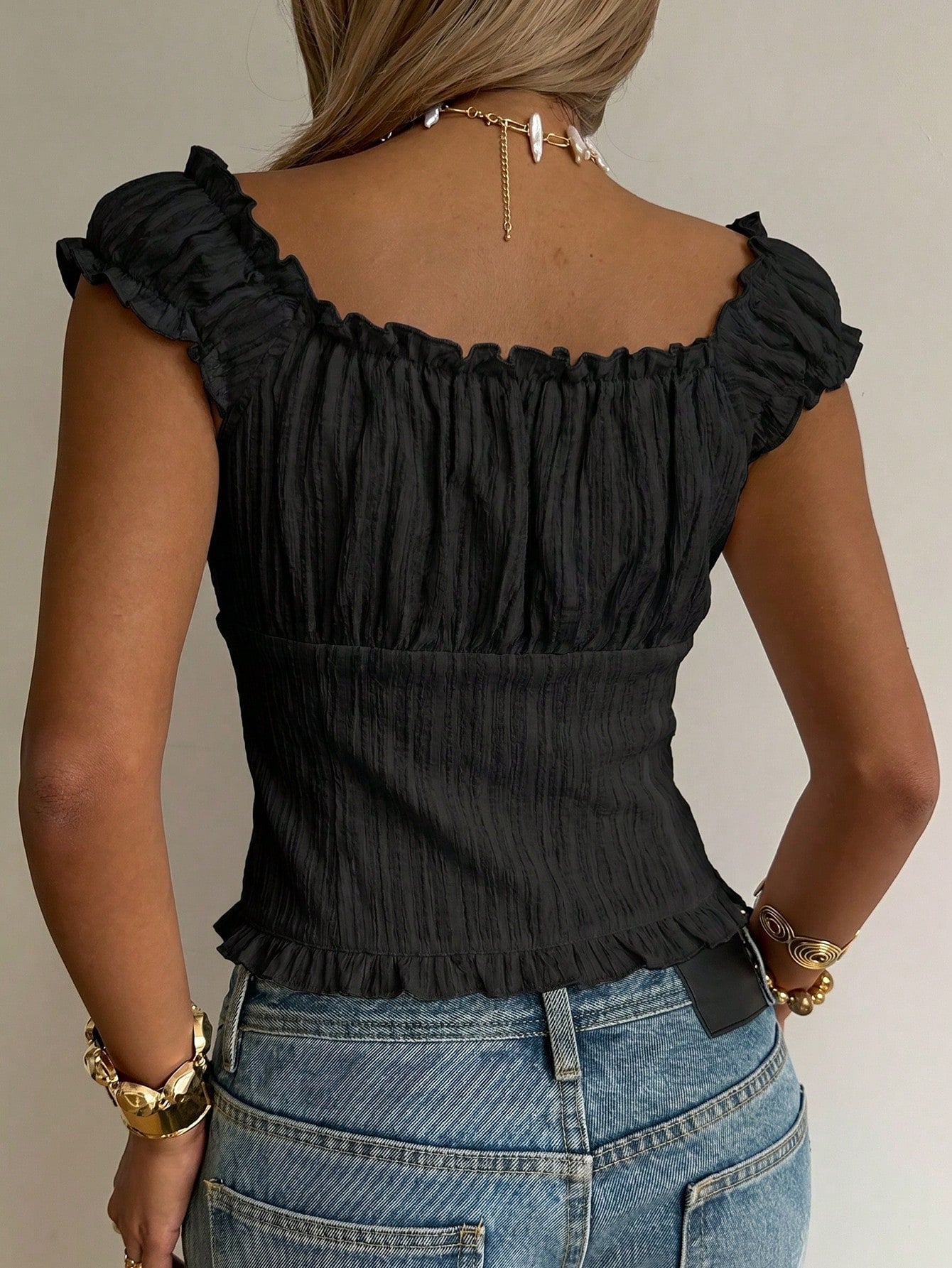 EZwear Women's Black Woven Shirt With Wave Hem Night Out Summer Elegant