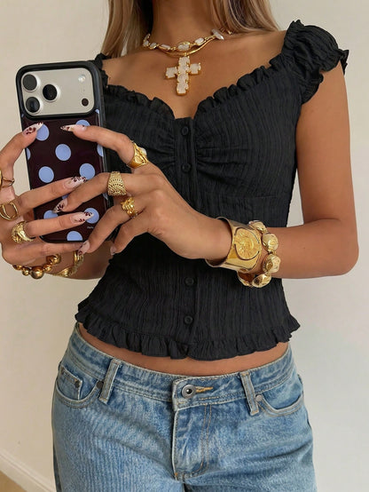 EZwear Women's Black Woven Shirt With Wave Hem Night Out Summer Elegant