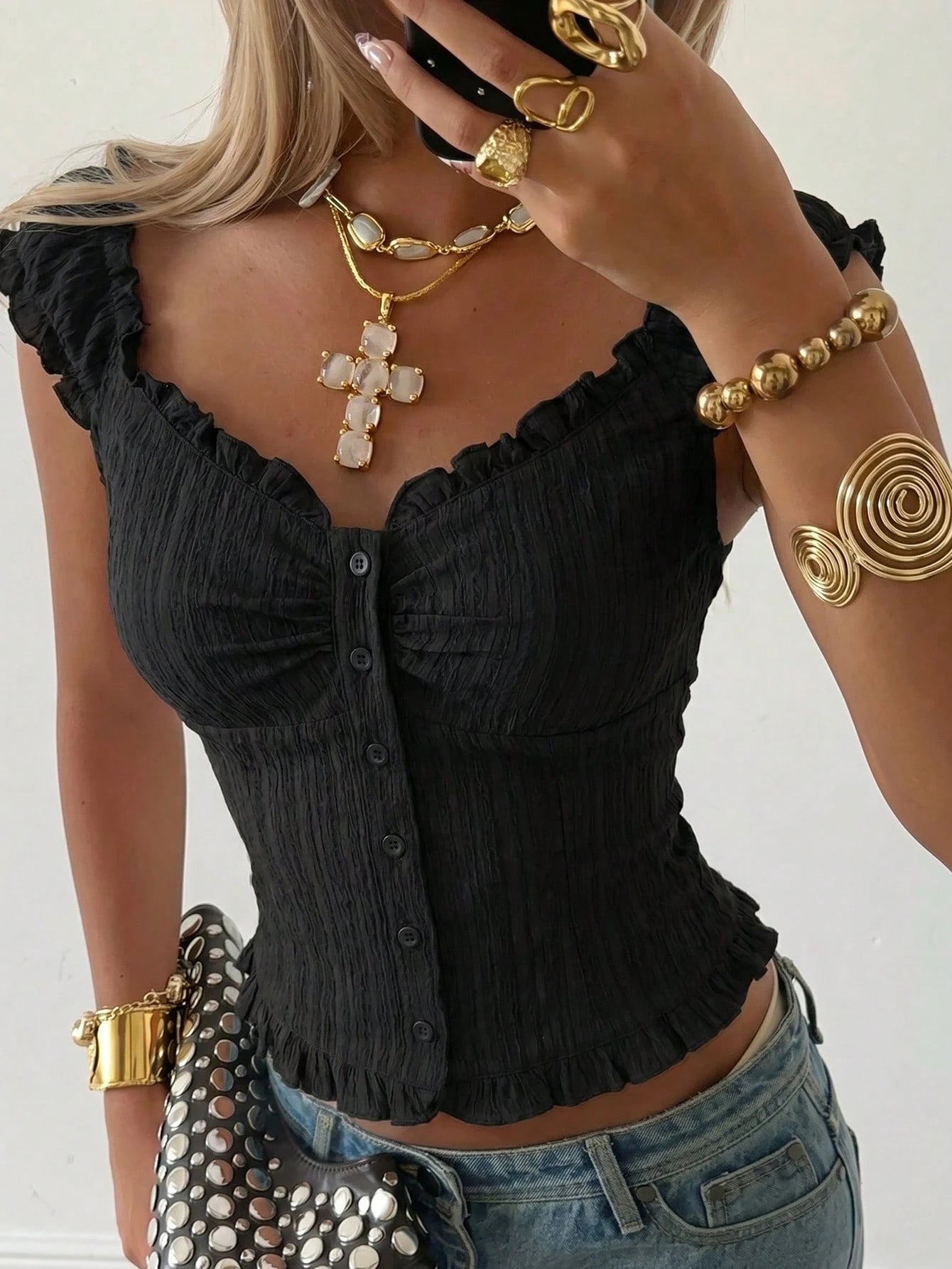 EZwear Women's Black Woven Shirt With Wave Hem Night Out Summer Elegant