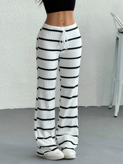 EZwear Women's Casual Streetwear Ribbed Ribbed Drawstring Waist Pants, For Spring/Autumn Lounge Black And White Checkered