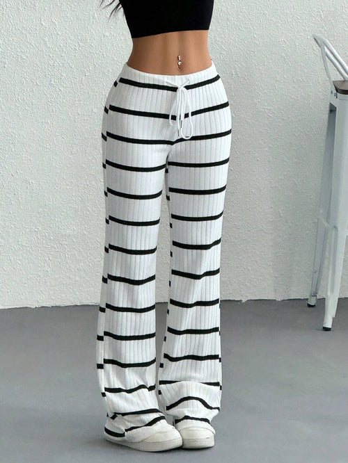 EZwear Women's Casual Streetwear Ribbed Ribbed Drawstring Waist Pants, For Spring/Autumn Lounge Black And White Checkered