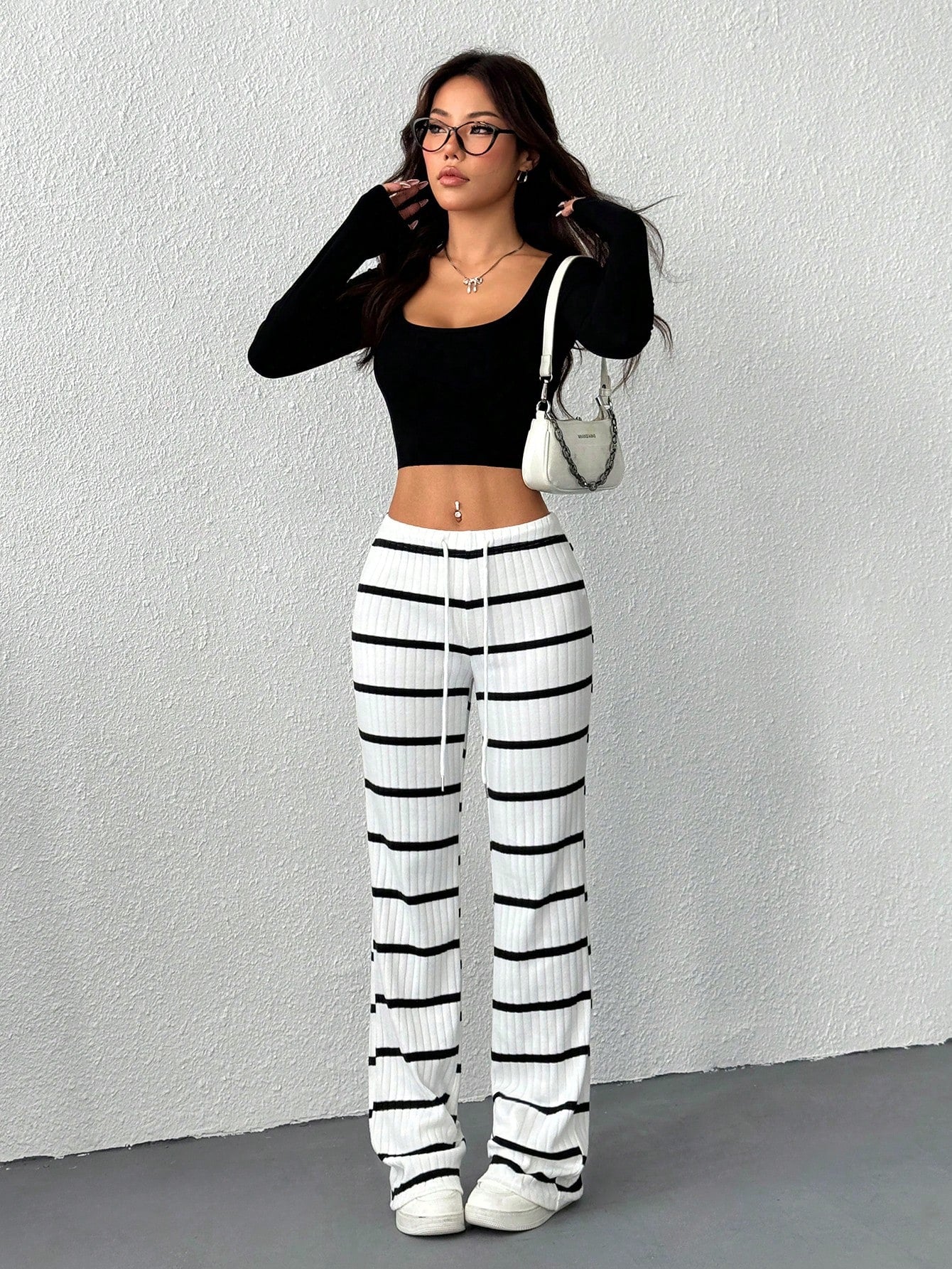 EZwear Women's Casual Streetwear Ribbed Ribbed Drawstring Waist Pants, For Spring/Autumn Lounge Black And White Checkered