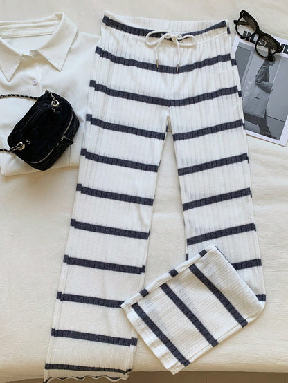 EZwear Women's Casual Streetwear Ribbed Ribbed Drawstring Waist Pants, For Spring/Autumn Lounge Black And White Checkered
