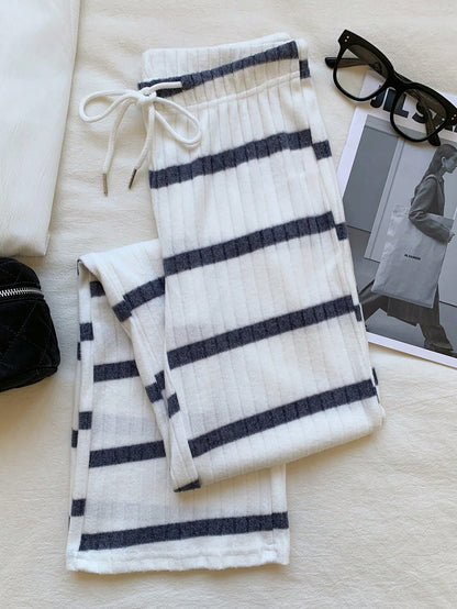 EZwear Women's Casual Streetwear Ribbed Ribbed Drawstring Waist Pants, For Spring/Autumn Lounge Black And White Checkered