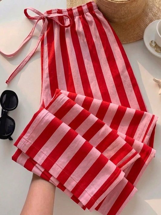 EZwear Women's Casual Waist Tie Straight Leg Pants, Colorful Striped Long Pants, Street Style, Suitable For Daily Commute, Date, Party, Autumn/Winter/Spring/Summer, Christmas, New Year, Thanksgi