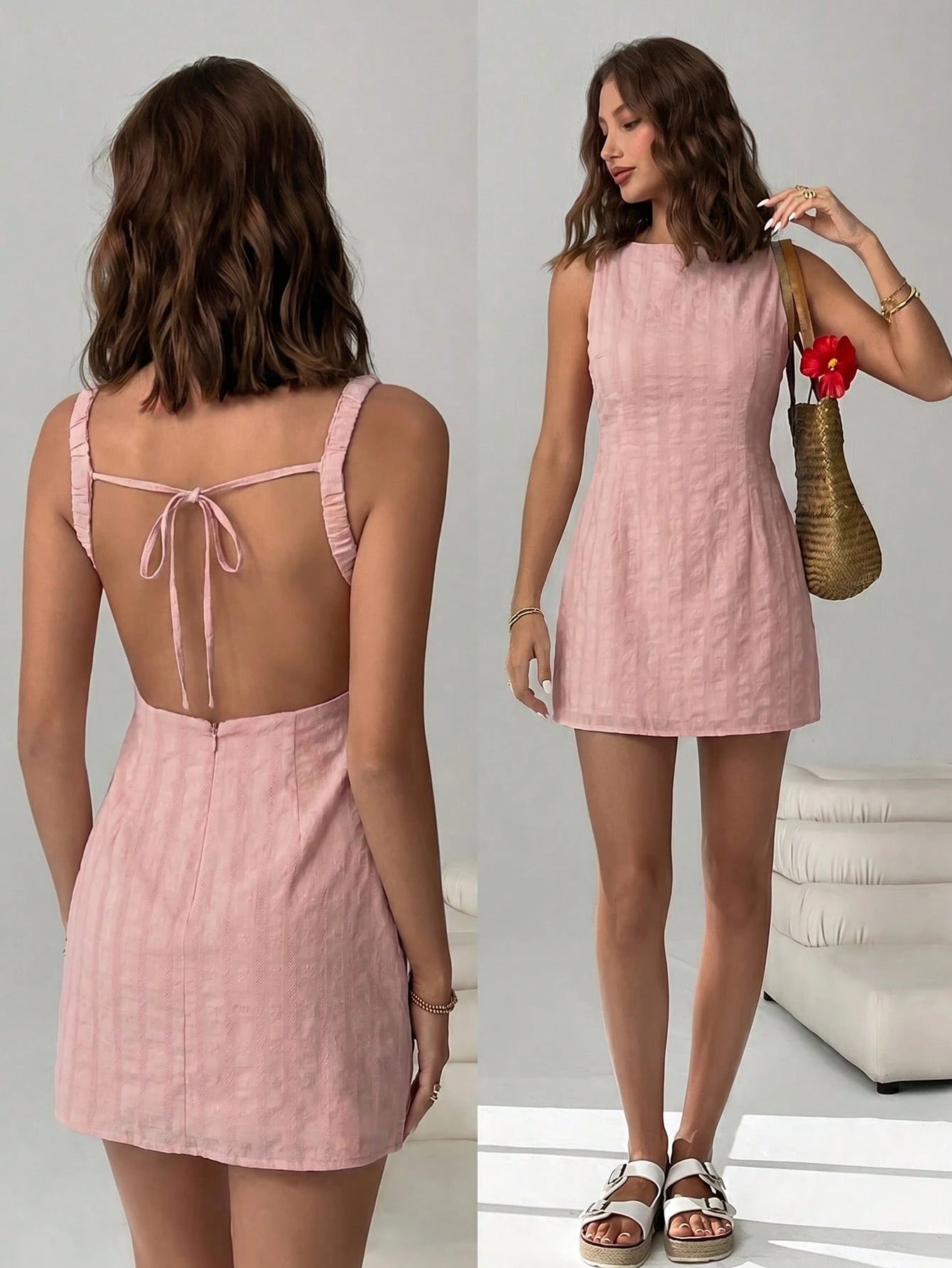 EZwear Women's Lotus Root Pink Backless Sleeveless Mini Dress,Dresses For Women Summer