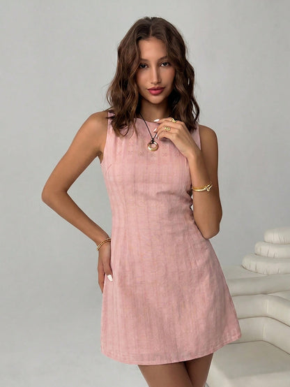EZwear Women's Lotus Root Pink Backless Sleeveless Mini Dress,Dresses For Women Summer