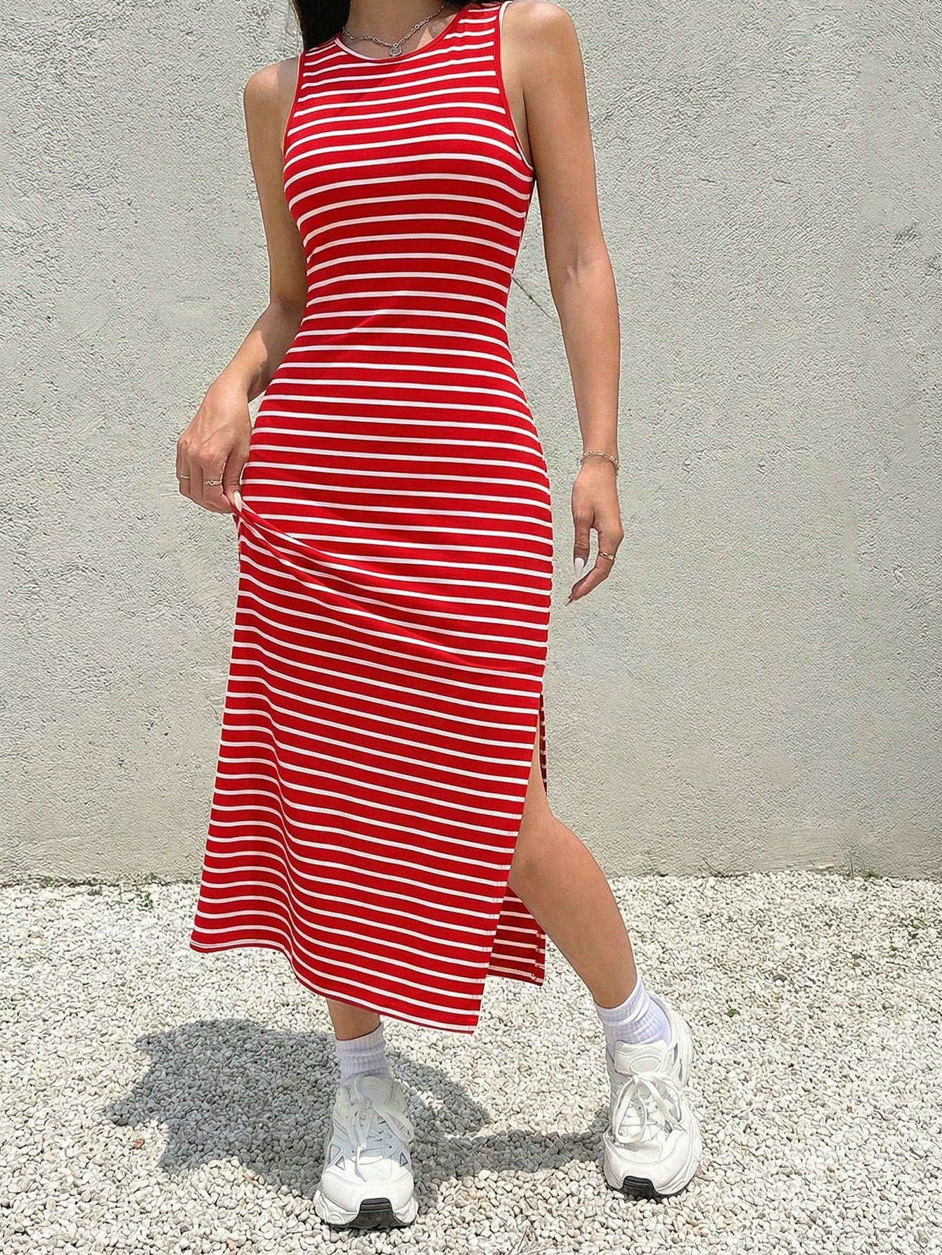 EZwear Women's Striped Backless Side Slit Dress Split Summer Open Back Red And White Women Beach High Sleeveless One Piece