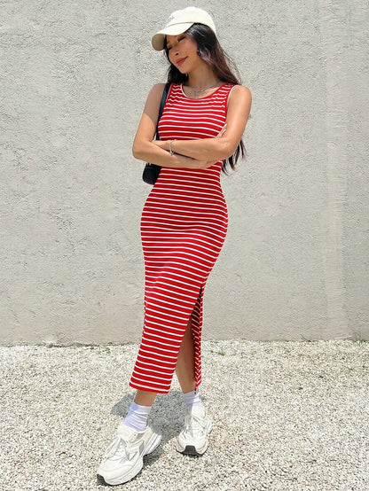 EZwear Women's Striped Backless Side Slit Dress Split Summer Open Back Red And White Women Beach High Sleeveless One Piece