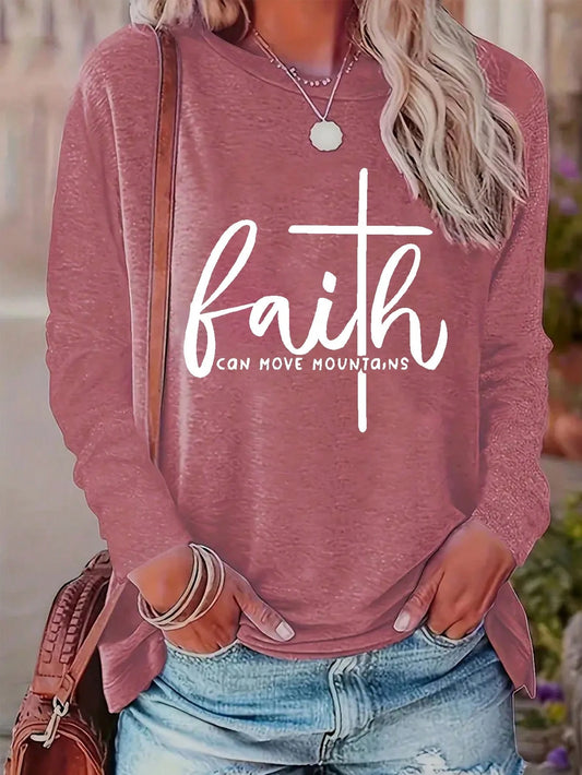 Faith Print Crew Neck T-Shirt, Casual Long Sleeve Top, Women Spring