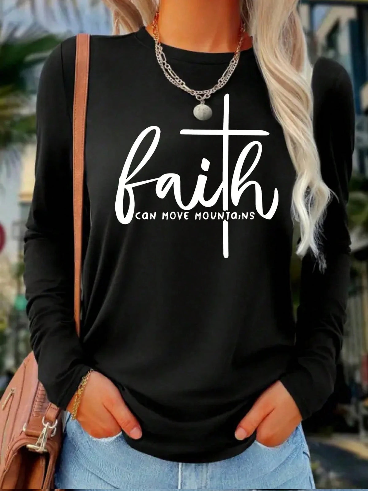 Faith Print Crew Neck T-Shirt, Casual Long Sleeve Top, Women Spring