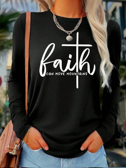Faith Print Crew Neck T-Shirt, Casual Long Sleeve Top, Women Spring