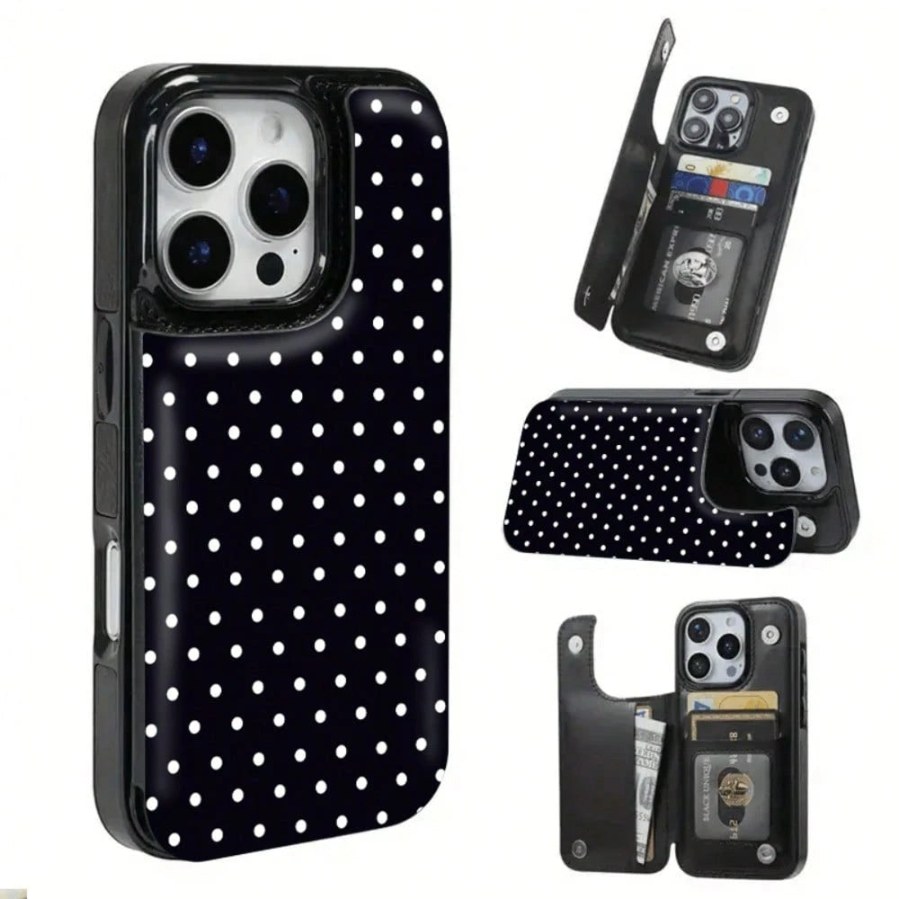 Fashion Polka Dot Pattern Cardholder Phone Cases Compatible With IPhone17 Pro Max, 16 Pro Max, 15 Pro Max, 14 Pro Max, 13 Pro, 12 Pro, Galaxy S25 Ultra, S24, S23, S22 Features Card Slots And Multiple