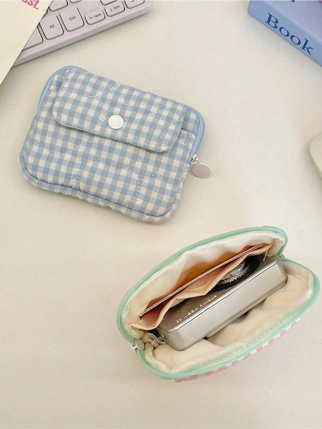 Fashion Quilted Gingham CCD Camera Storage Bag Camera Protective Case Digital Camera Carrying Case Camera Bag Charger Bag Card Holder Coin Purse