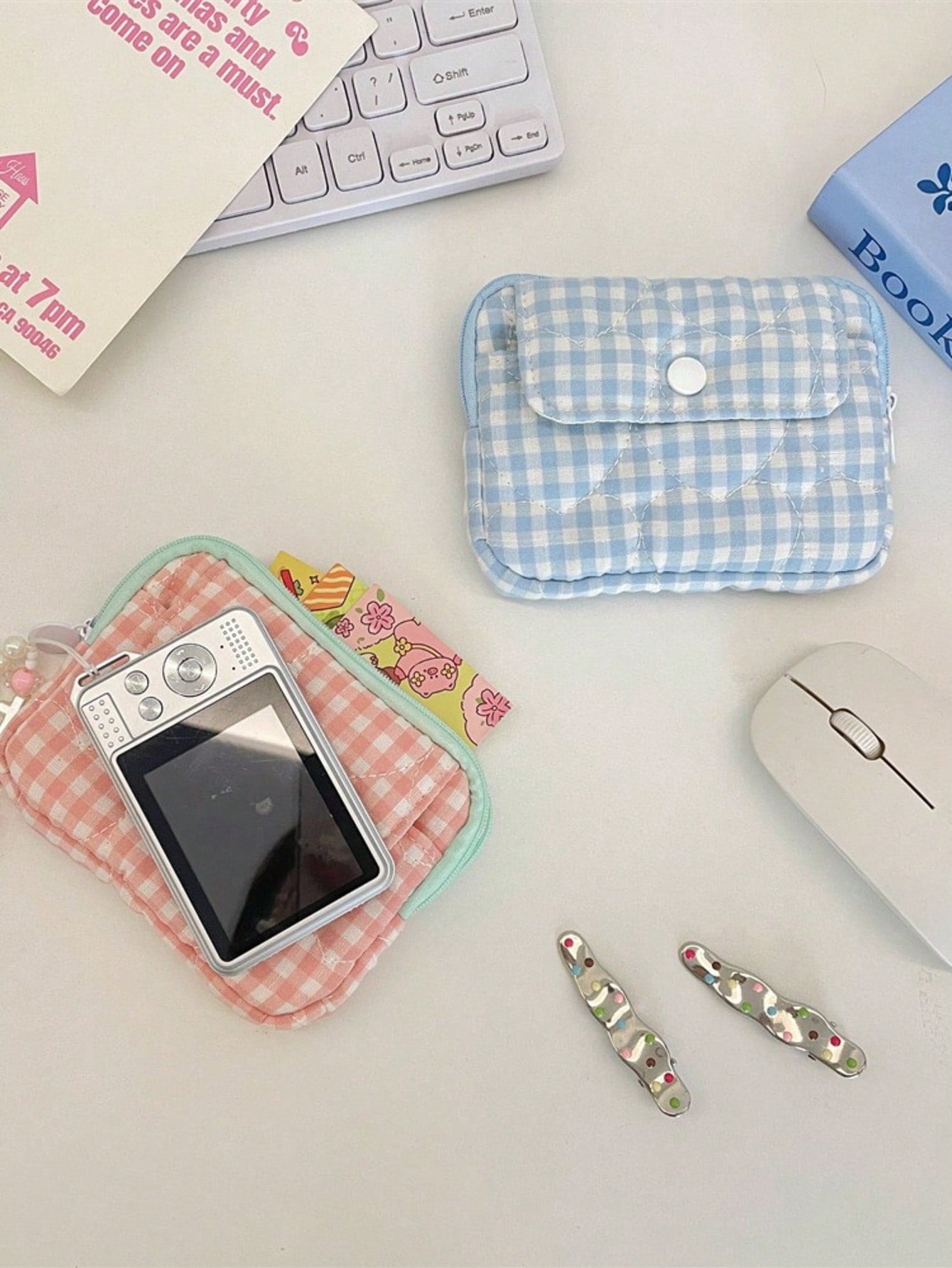 Fashion Quilted Gingham CCD Camera Storage Bag Camera Protective Case Digital Camera Carrying Case Camera Bag Charger Bag Card Holder Coin Purse