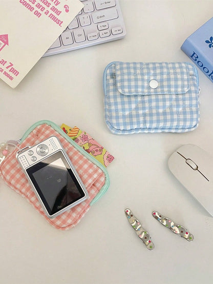 Fashion Quilted Gingham CCD Camera Storage Bag Camera Protective Case Digital Camera Carrying Case Camera Bag Charger Bag Card Holder Coin Purse