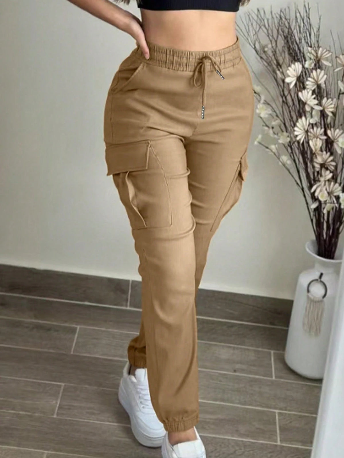 Fashion Solid Color Casual Loose Drawstring Waist Cargo Pants Spring